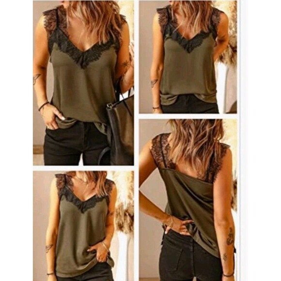 Olive Green Top Babydoll Med Lace Shoulder Whimsey Goth Career Capsule Travel - Picture 4 of 9